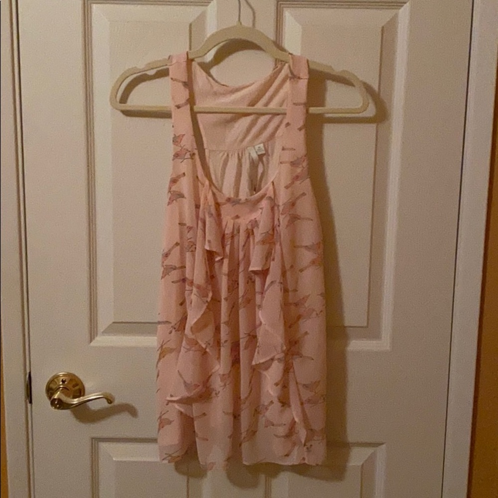 LC Lauren Conrad Pink Bird Print Ruffle Tank in XL